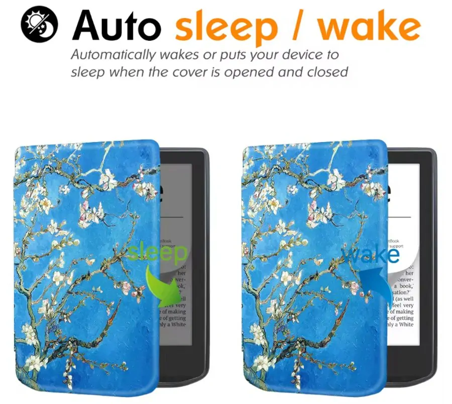 Armori Trimer T061, púzdro pre Pocketbook 629 Verse / 634 Verse Pro - magnetické zatváranie, AutoSleep, motív Blue Garden