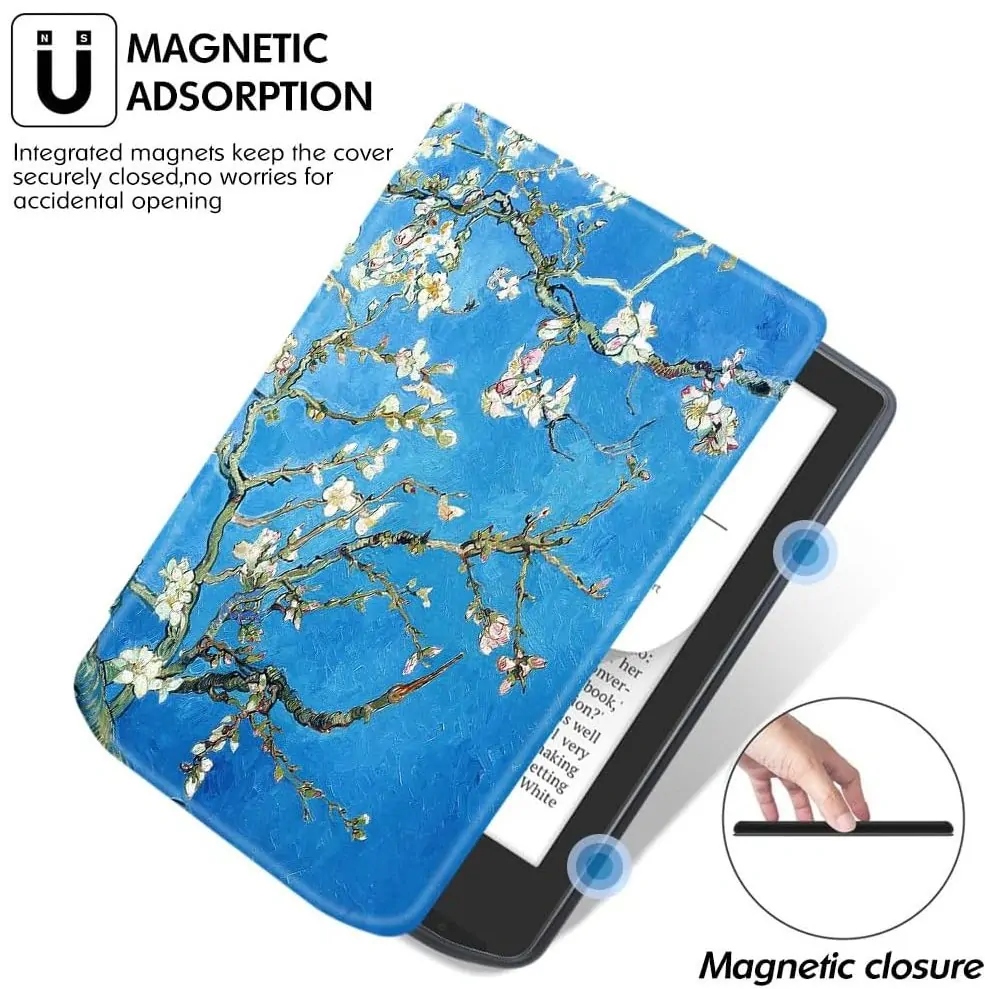 Armori Trimer T061, púzdro pre Pocketbook 629 Verse / 634 Verse Pro - magnetické zatváranie, AutoSleep, motív Blue Garden