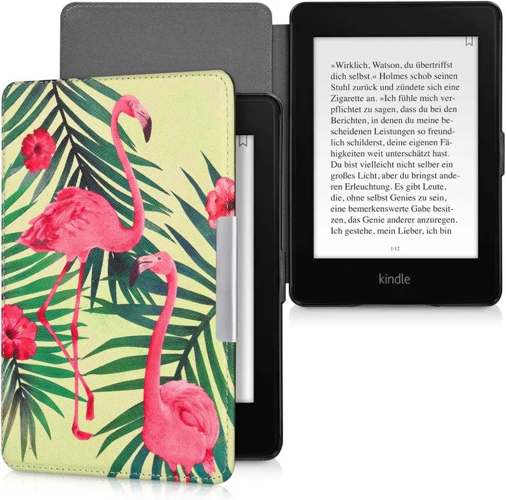 Puzdro KW Mobile - Flamingos & Palm Trees - KW2582427 - pre Amazon Kindle Paperwhite 1/2/3 - svetlo zelené