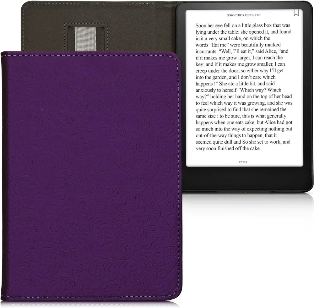 Puzdro KW Mobile - Embossed Small Flowers - KW5781023 - pre Amazon Kindle Paperwhite 5 (2021) - fialové, vrecko na ruku